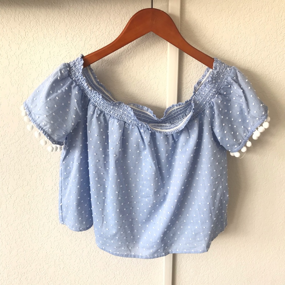 Love, Fire Light Blue and White Pom-Pom Shirt NWT - Picture 2 of 6